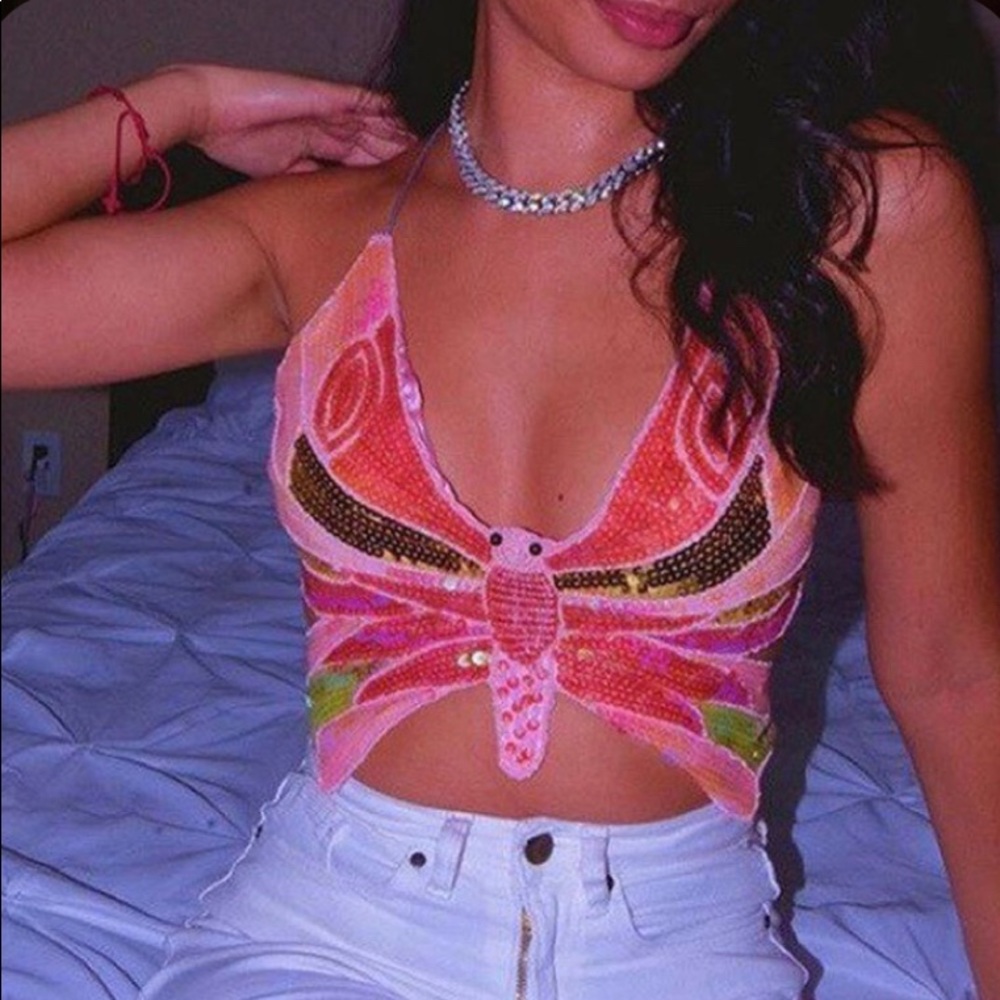 🌸Pink Sequins Butterfly Halter Top With Adjustable Straps ONE SIZE🌸